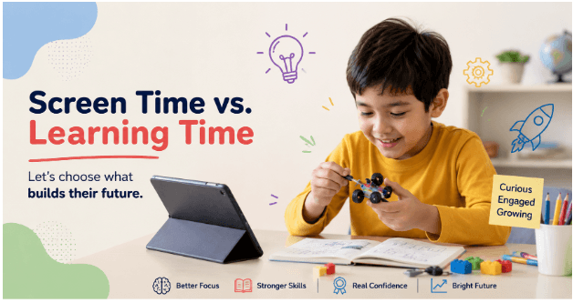 Screen Time vs. Learning Time — a young child smiling while building with a hands-on toy next to a tablet, illustrating the choice to build skills, focus, and confidence over passive screen time